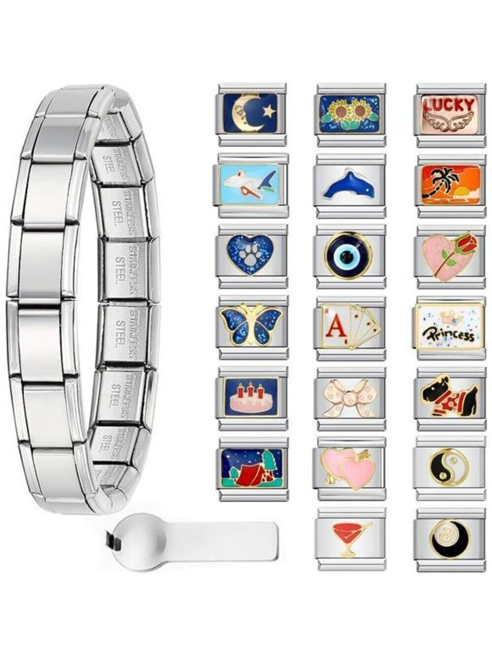 Italian charm bracelet set stainless steel 9mm modular link starter kit jewelry